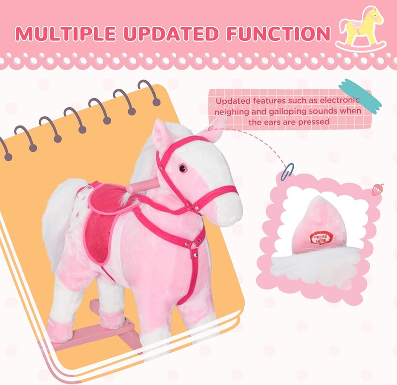 Qaba Kids Rocking Horse Plush Ride On Toy Toddler Rocker for Boys Girls Gifts with Realistic Sounds, Pink - Image 3
